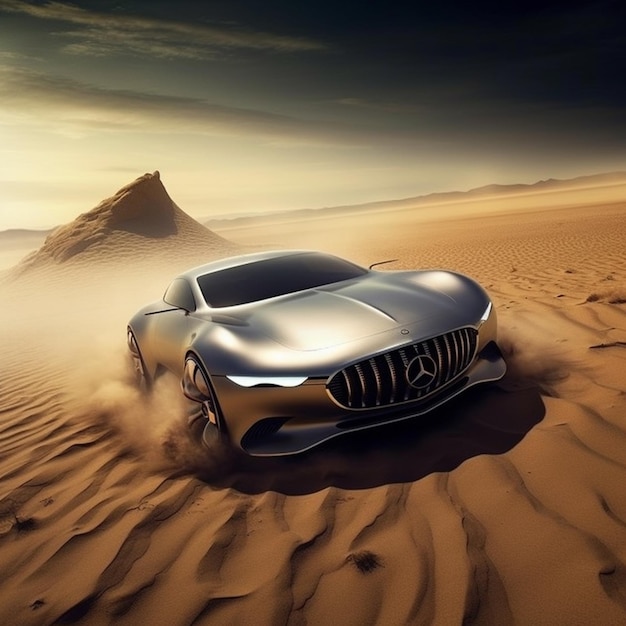 Un primo piano di un'auto d'argento che guida attraverso un deserto ai generativo