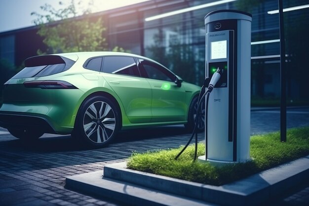 Un primo piano di un'auto elettrica verde in una stazione di ricarica