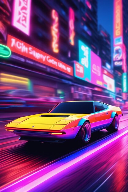 Un primo piano di un'auto futuristica su una strada cibernetica al neon