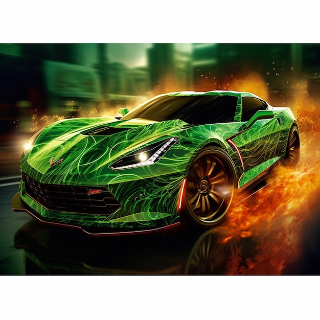 Un primo piano di un'auto sportiva verde con fiamme che ne escono generative ai