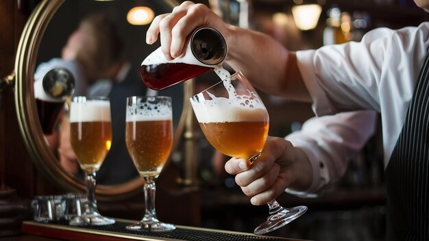 Un primo piano di un barista che versa la birra