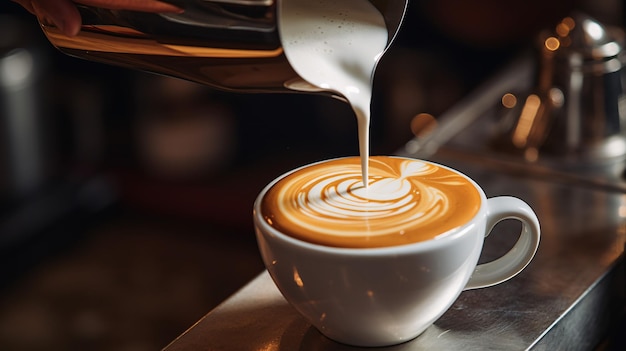 Un primo piano di un barista che versa latte al vapore in una squisita tazza di espresso per formare un latte artistico