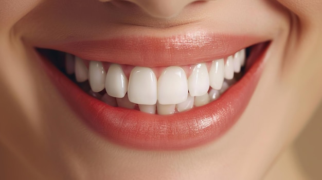 Un primo piano di un bel sorriso con labbra lucide che mettono in risalto denti bianchi e sani realizzati con la tecnologia generativa dell'intelligenza artificiale