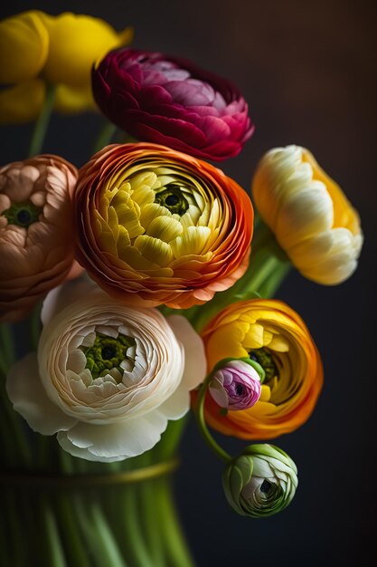 Un primo piano di un bellissimo bouquet luminoso di fiori Ranunculus IA generativa