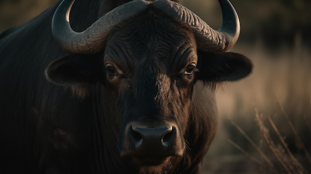 Un primo piano di un bufalo con la parola bufalo sul viso