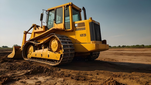 un primo piano di un bulldozer giallo su un campo di terra