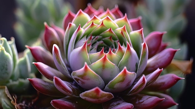 Un primo piano di un cactus con foglie rosse e verdi