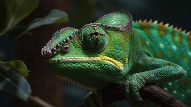 Un primo piano di un camaleonte verde su un ramo generativo AI