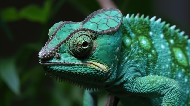 Un primo piano di un camaleonte verde su un ramo generativo AI