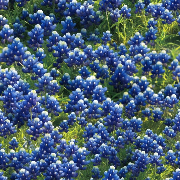 un primo piano di un campo di bluebonnets con foglie verdi generativa ai