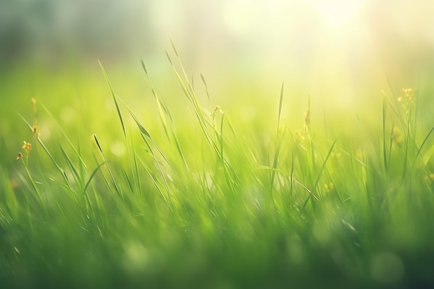 Un primo piano di un campo di erba verde con il sole che splende su di esso.