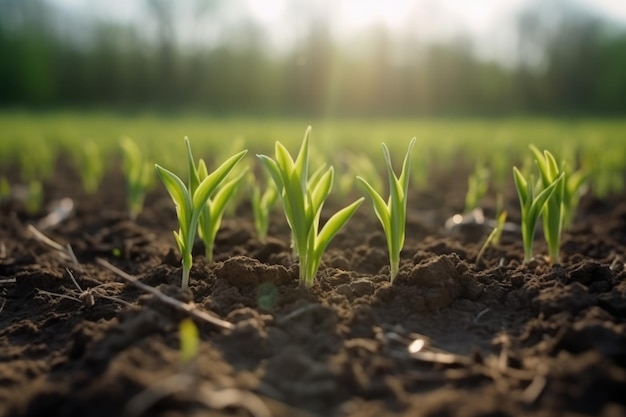 Un primo piano di un campo di mais giovane IA generativa