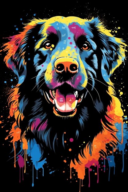 Un primo piano di un cane con una faccia colorata su uno sfondo nero ai generativo