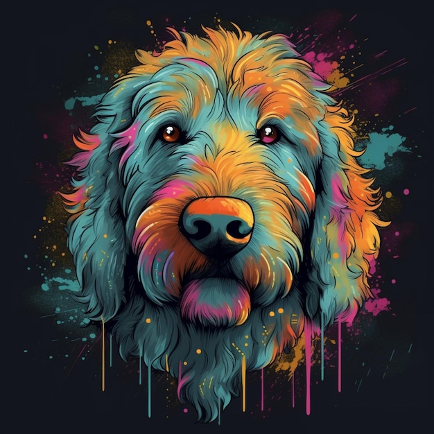 un primo piano di un cane con una faccia colorata su uno sfondo nero