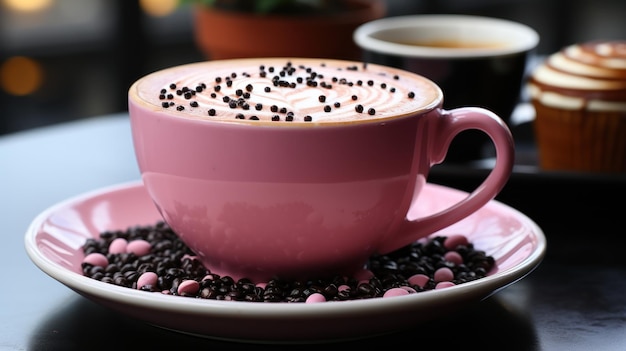 Un primo piano di un cappuccino rosa in una tazza nera Ceated with Generative AI