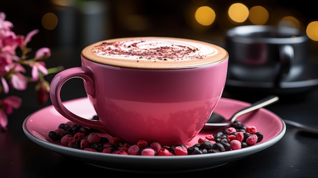 Un primo piano di un cappuccino rosa in una tazza nera Ceated with Generative AI