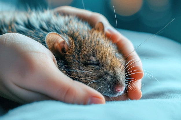 Un primo piano di un carino ratto marrone nelle mani di una donna