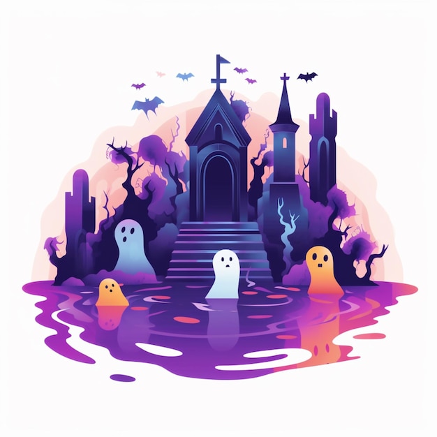 un primo piano di un castello con fantasmi e un fantasma nell'acqua ai generativa