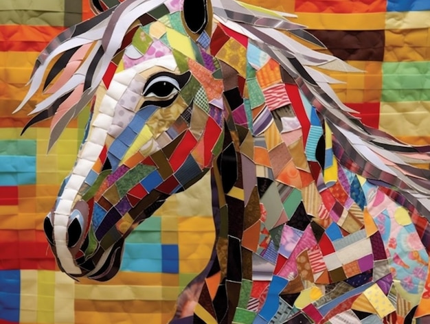 un primo piano di un cavallo fatto di strisce colorate di carta ai