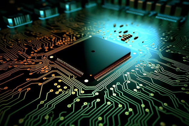 un primo piano di un chip di computer su una scheda a circuito stampato IA generativa