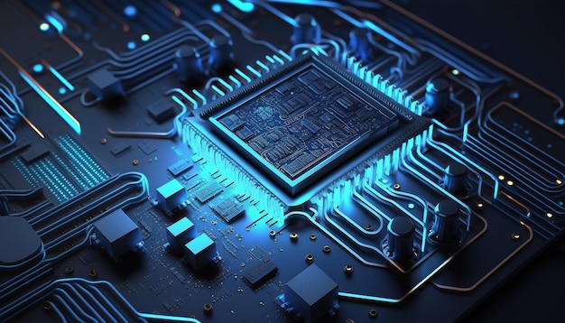 Un primo piano di un chip per computer con luci blu