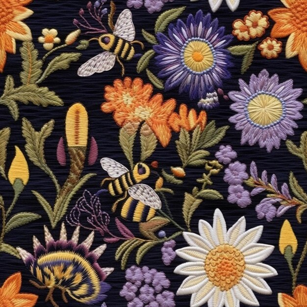 un primo piano di un colorato disegno floreale con api e fiori generativi ai