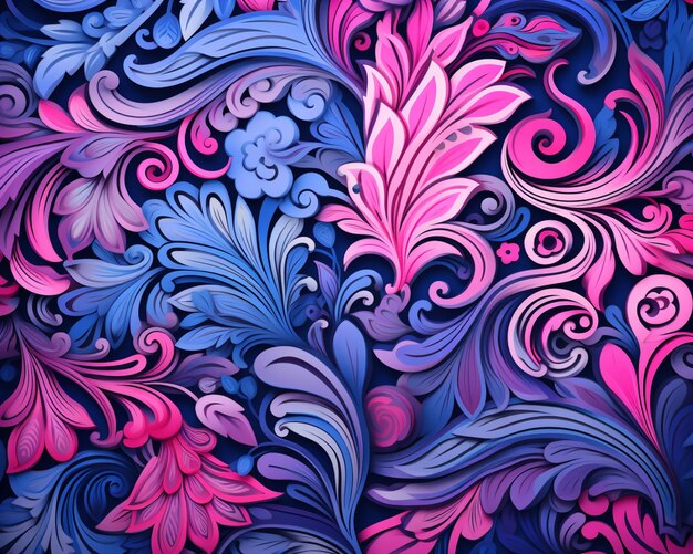 un primo piano di un colorato disegno floreale su uno sfondo blu