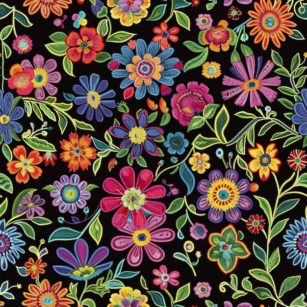 un primo piano di un colorato disegno floreale su uno sfondo nero