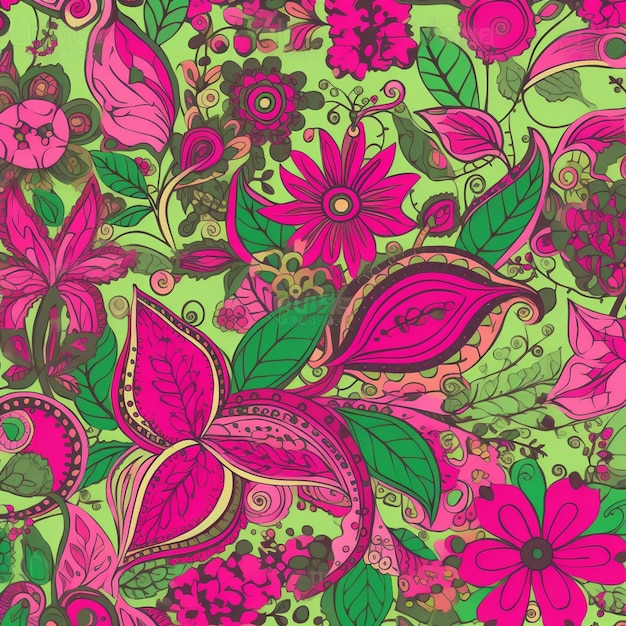 un primo piano di un colorato disegno floreale su uno sfondo verde
