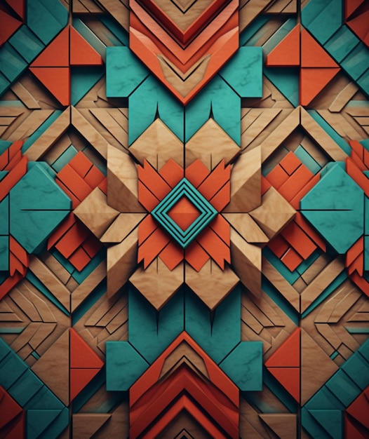 Un primo piano di un colorato disegno geometrico con uno sfondo in legno generativo ai