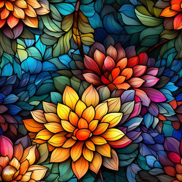 Un primo piano di un colorato modello di fiori con molte foglie generative ai
