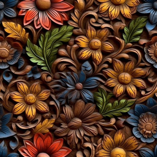 Un primo piano di un colorato modello di fiori su una parete generativa ai