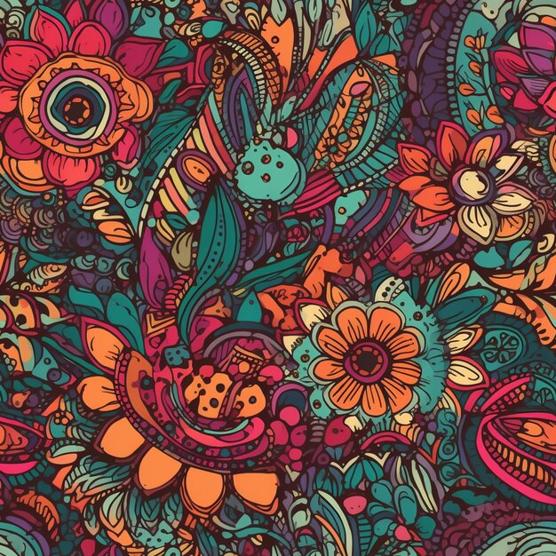 Un primo piano di un colorato motivo floreale con un sacco di fiori ai generativo