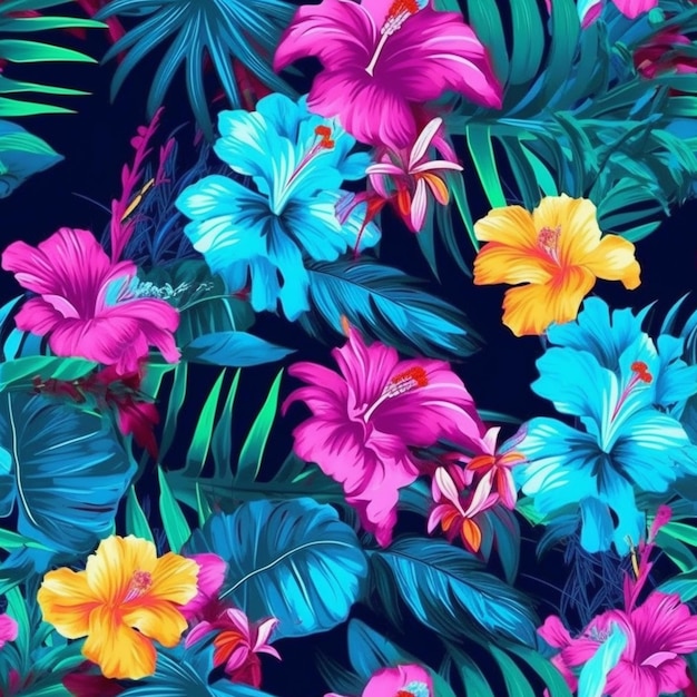 Un primo piano di un colorato motivo floreale tropicale su uno sfondo nero ai generativo