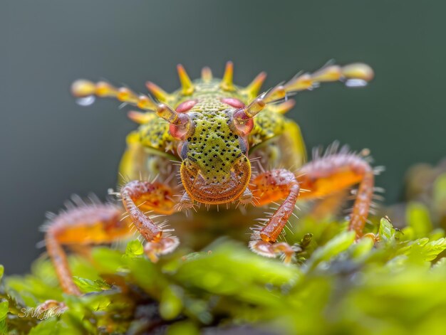 Un primo piano di un colorato ragno tessitore a sfere spinose Gasteracantha che si riposa sul muschio verde in natura