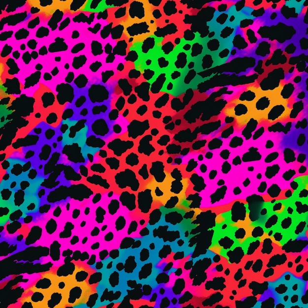 Un primo piano di un colorato tessuto con stampa leopardo con macchie nere generative ai