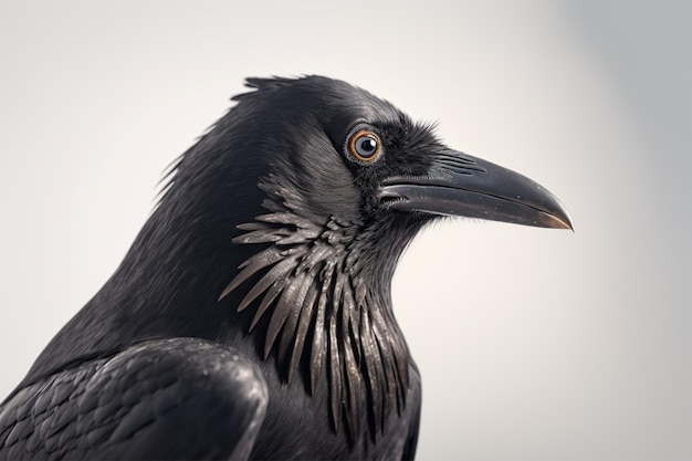 Un primo piano di un corvo nero con un occhio giallo