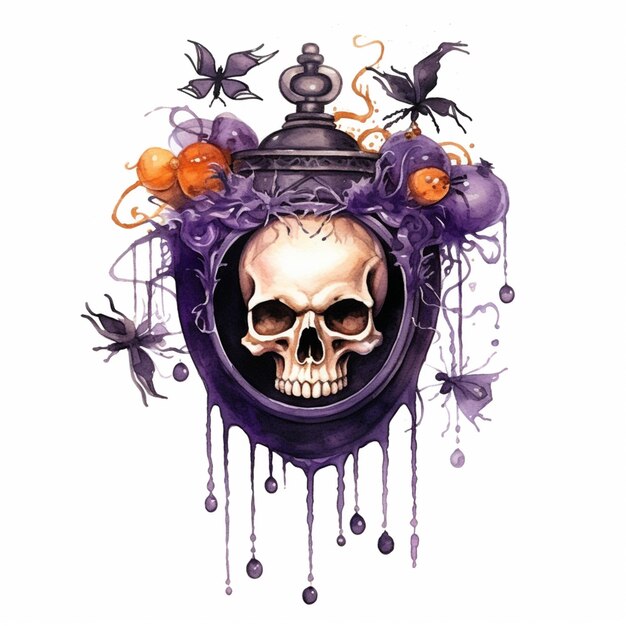 un primo piano di un cranio con una cornice viola e un sacco di decorazioni viola e arancione generativa ai