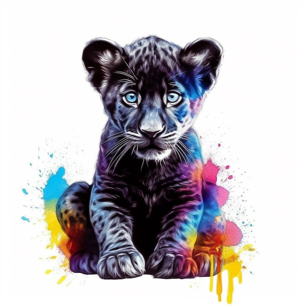 un primo piano di un cucciolo di tigre con uno sfondo colorato