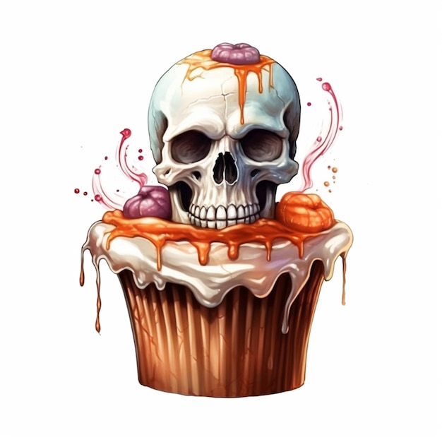 un primo piano di un cupcake con un cranio in cima generativo ai