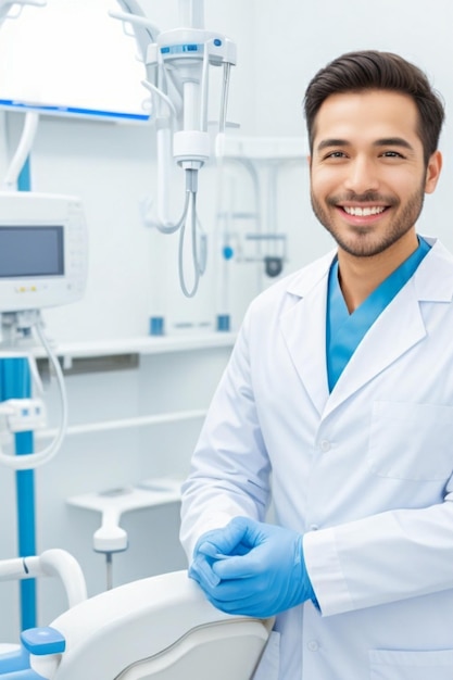 Un primo piano di un dentista sorridente in una camicia da laboratorio bianca circondato da un ambiente sterile luminoso