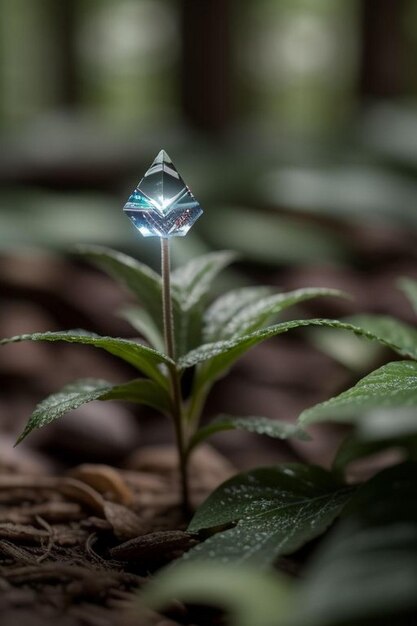 Un primo piano di un diamante su una superficie fresca, umida e moderna