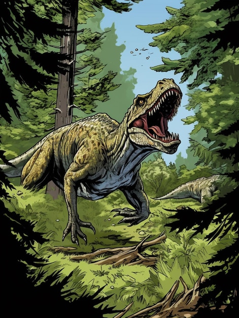 Un primo piano di un dinosauro in una foresta con alberi generativi ai