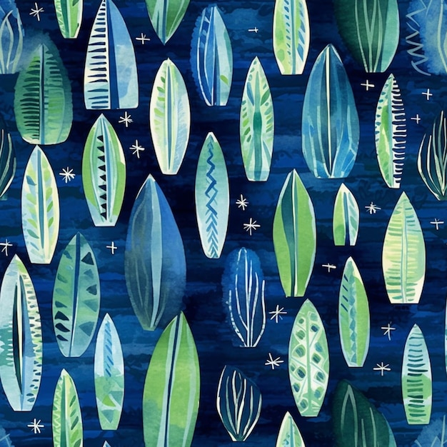 un primo piano di un dipinto ad acquerello blu e verde di foglie generative ai