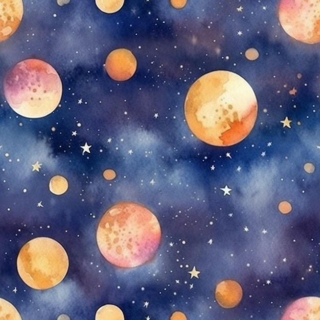 un primo piano di un dipinto ad acquerello di pianeti e stelle ai generati