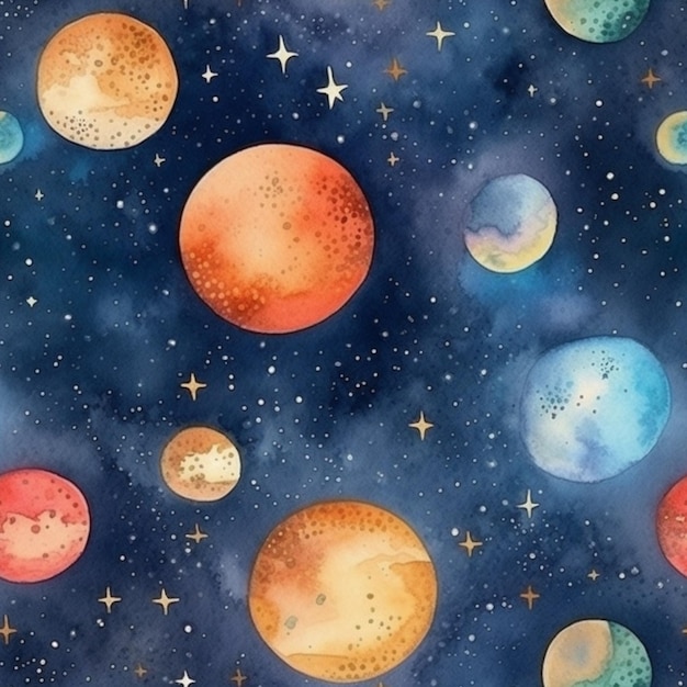 un primo piano di un dipinto ad acquerello di pianeti e stelle ai generati
