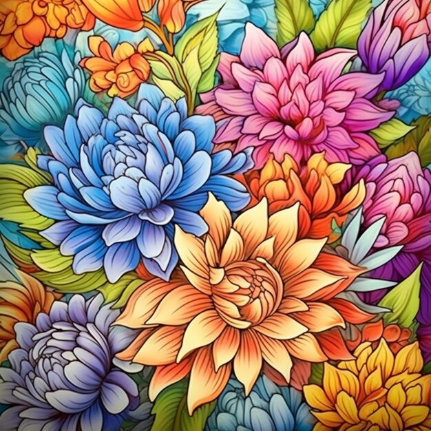 Un primo piano di un dipinto di fiori colorati su una parete generativa ai