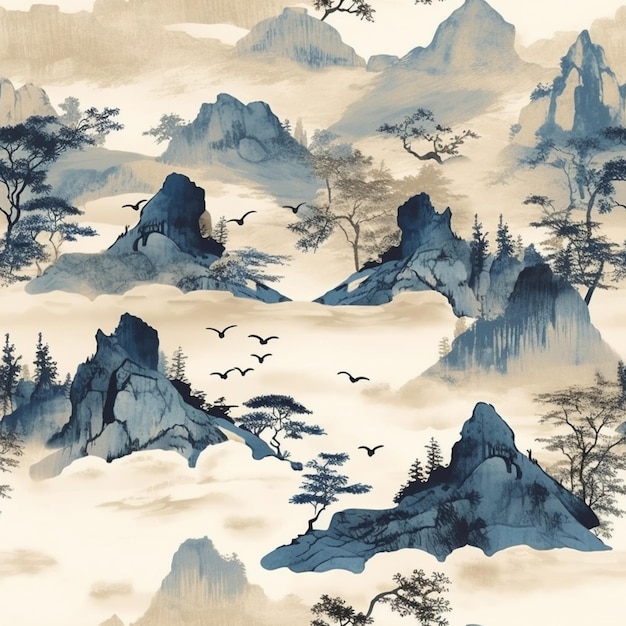 Un primo piano di un dipinto di montagne e alberi con uccelli che volano generativo ai