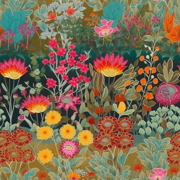 un primo piano di un dipinto di un giardino con fiori generativo ai