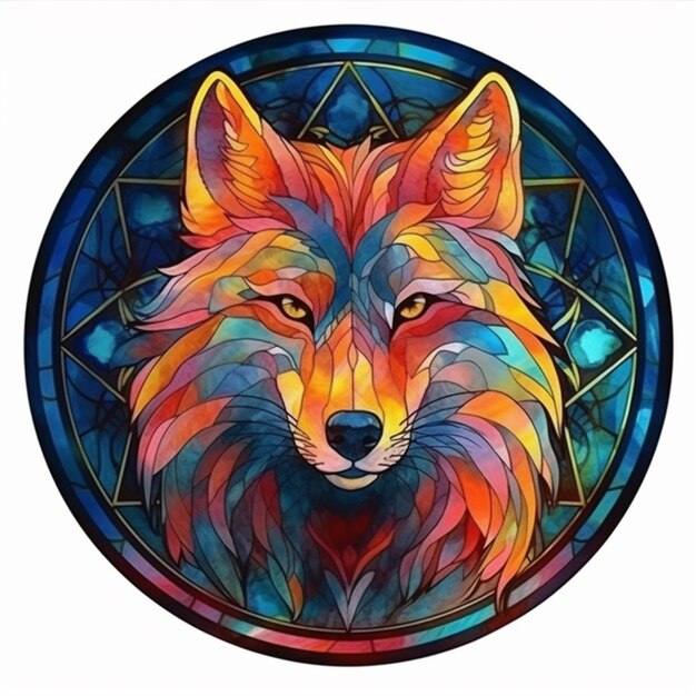 Un primo piano di un dipinto di un lupo in un cerchio di vetro colorato ai generativo
